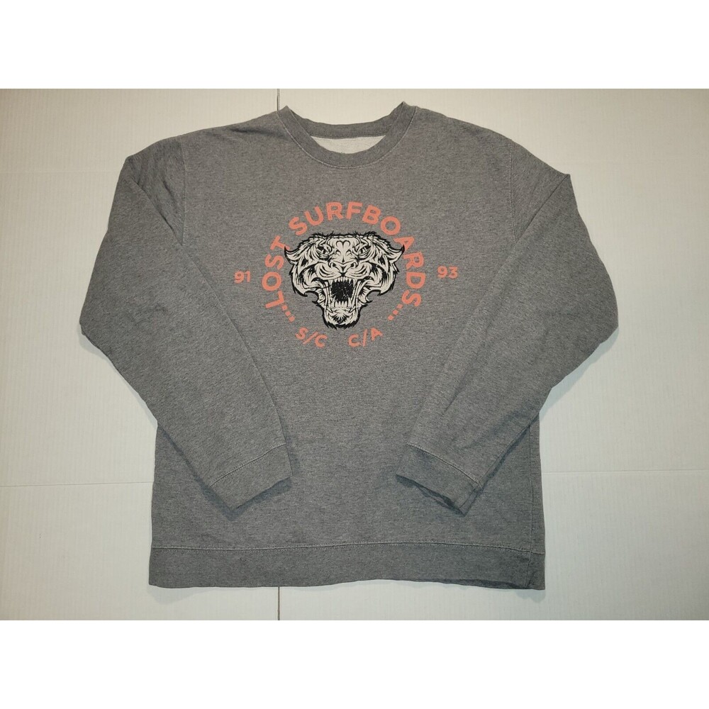 Lost Surfboards Surf Tiger Sweatshirt Men's Size Large Grey Orange Graphic Print